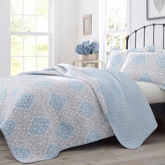 cxmicrotex Bedding 3 Pieces Quilt Set Reversible Blue Damask Bedspread