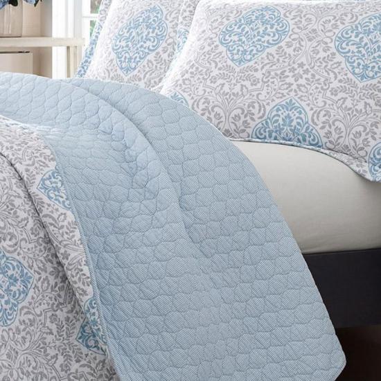 cxmicrotex Bedding 3 Pieces Quilt Set Reversible Blue Damask Bedspread