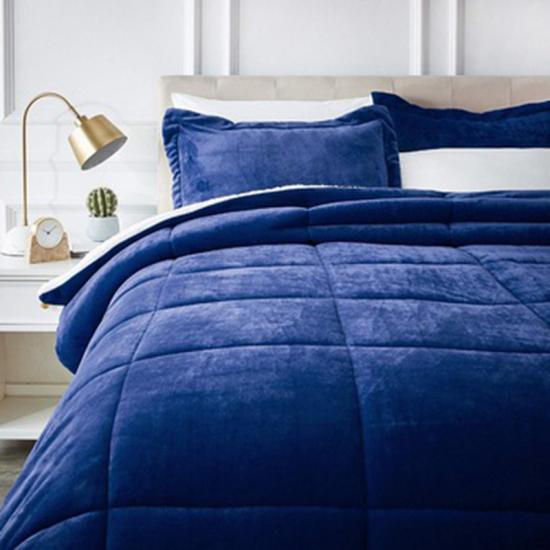 Solid Flannel Comforter Bedspread Sherpa Quilted Bedding Set